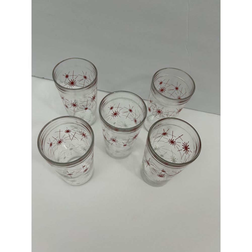 5 Vintage Hazel Atlas Red &White Atomic Starburst 5.5" Glass Tumblers SKU 1484 - Picture 2 of 7